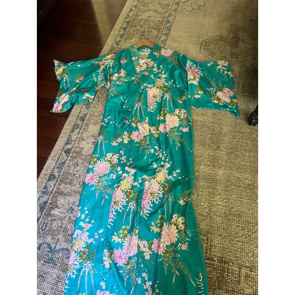 Vintage Japanese Cotton Kimono Robe Teal Pink Floral Chrysanthemum Yukata Japan - Picture 6 of 9